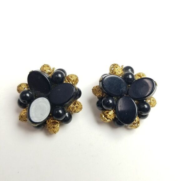 Vintage Retro Black Beaded Cluster Clip On Earrings, Retro Estate - Picture 2 of 6